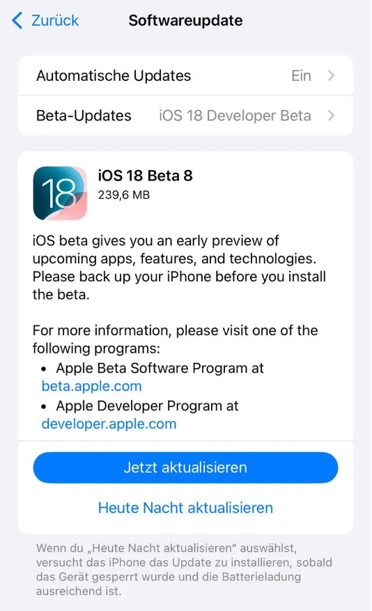 章贡苹果手机维修分享苹果 iOS / iPadOS 18 开发者预览版 Beta 8 发布 